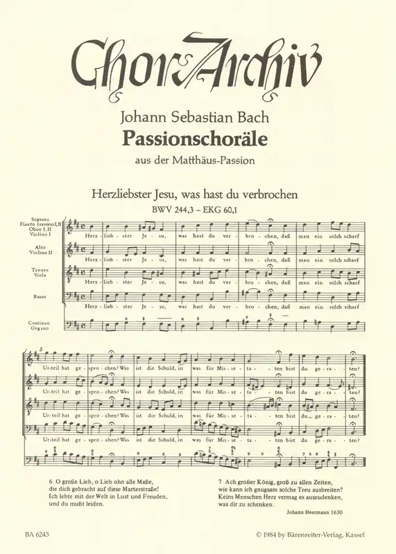 Bach, Johann Sebastian: Passionschoräle BWV 244 (aus der Matthäus-Passion) Lägg i varukorgen