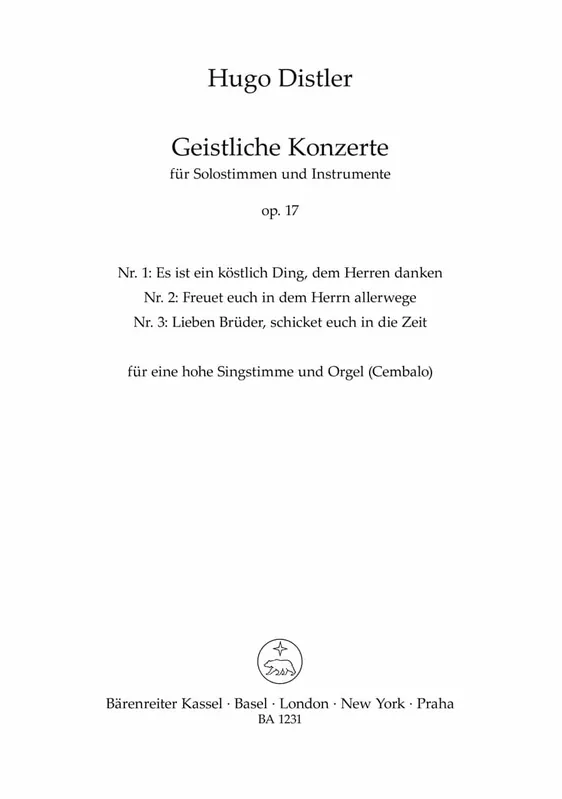 Distler, Hugo: Drei geistliche Konzerte für Sopran und Orgel (manualiter) oder Cembalo op. 17 Endast denna vecka